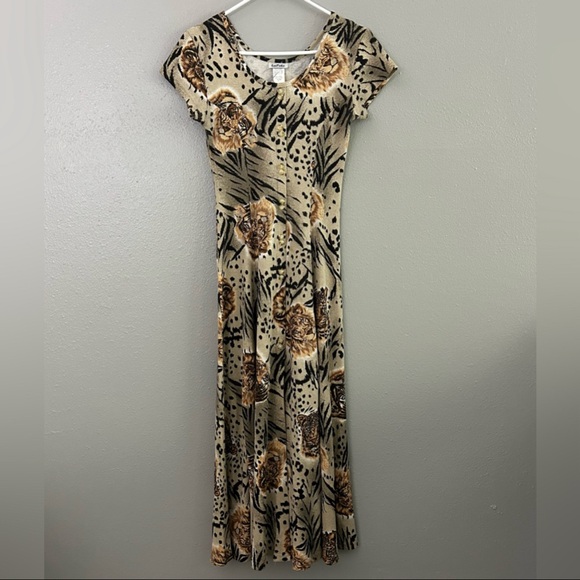 Vintage La Fete Ribbed Button Front Midi Dress Lion Tiger Animal Print Size M - Picture 1 of 8